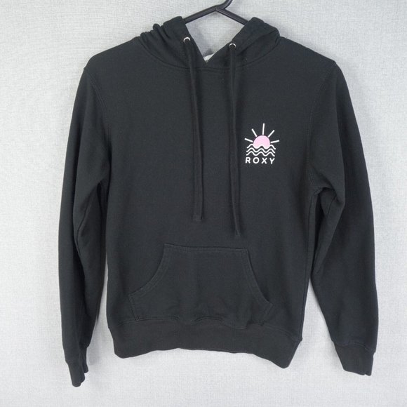 Roxy Hoodie Womens Small Black Pullover Long Sleeve Kangaroo Pockets Graphic - Picture 1 of 8